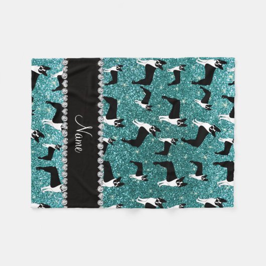 名前をカスタムするのターコイズのグリッターのボストンテリア フリースブランケット (正面(横))