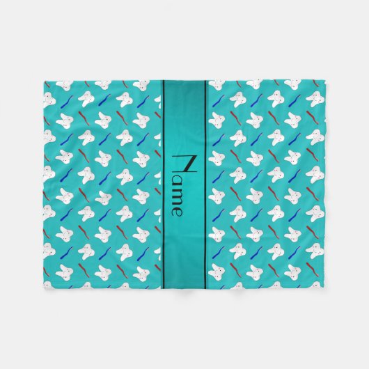 名前をカスタムするのターコイズのブラシおよび歯パターン フリースブランケット (正面(横))