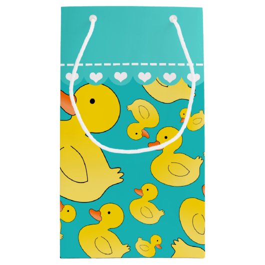 名前をカスタムするのターコイズのrubberducksの青い縞 スモールペーパーバッグ (裏面)