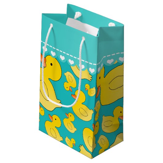 名前をカスタムするのターコイズのrubberducksの青い縞 スモールペーパーバッグ (裏面アングル)