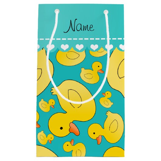 名前をカスタムするのターコイズのrubberducksの青い縞 スモールペーパーバッグ (正面)