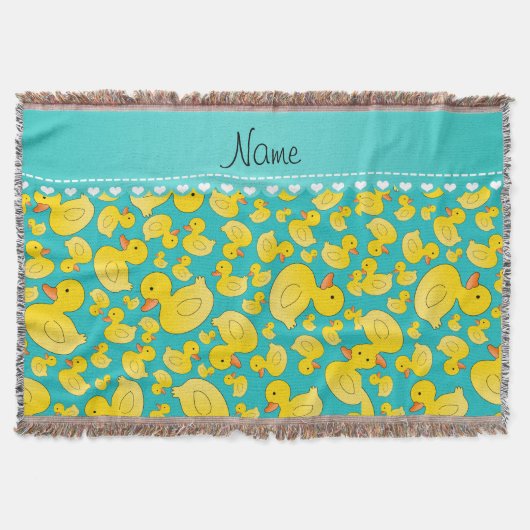 名前をカスタムするのターコイズのrubberducksの青い縞 スローブランケット (正面)