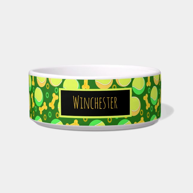 名前をカスタムするのテニスボールと犬の骨が黒に ボウル (正面)