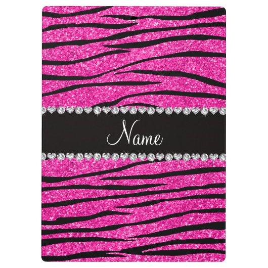 名前をカスタムするのネオンショッキングピンクのグリッターのシマウマのダイヤモンド クリップボード (裏面)