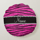 名前をカスタムするのネオンショッキングピンクのグリッターのシマウマのダイヤモンド ラウンドクッション (裏面)