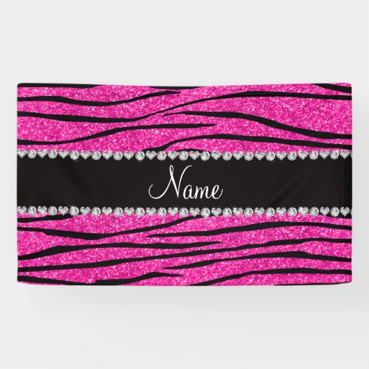 名前をカスタムするのネオンショッキングピンクのグリッターのシマウマのダイヤモンド 横断幕 (横)