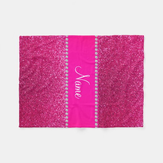 名前をカスタムするのネオンショッキングピンクのグリッターのショッキングピンクのストライブ柄 フリースブランケット (正面(横))
