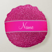 名前をカスタムするのネオンショッキングピンクのグリッターのショッキングピンクのストライブ柄 ラウンドクッション (裏面)