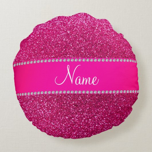 名前をカスタムするのネオンショッキングピンクのグリッターのショッキングピンクのストライブ柄 ラウンドクッション (裏面)