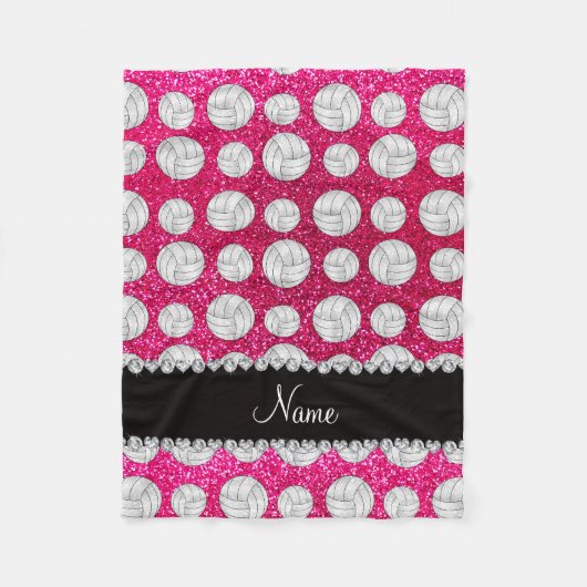 名前をカスタムするのネオンショッキングピンクのグリッターのバレーボール フリースブランケット (正面)