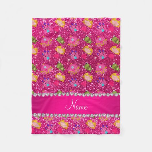 名前をカスタムするのネオンショッキングピンクのグリッターの王女のカエル フリースブランケット (正面)