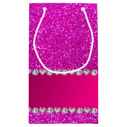 名前をカスタムするのネオンピンクのグリッターのショッキングピンクのストライブ柄 スモールペーパーバッグ (裏面)