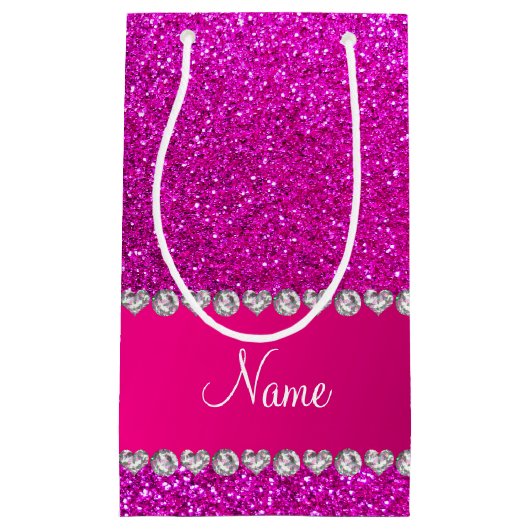 名前をカスタムするのネオンピンクのグリッターのショッキングピンクのストライブ柄 スモールペーパーバッグ (正面)