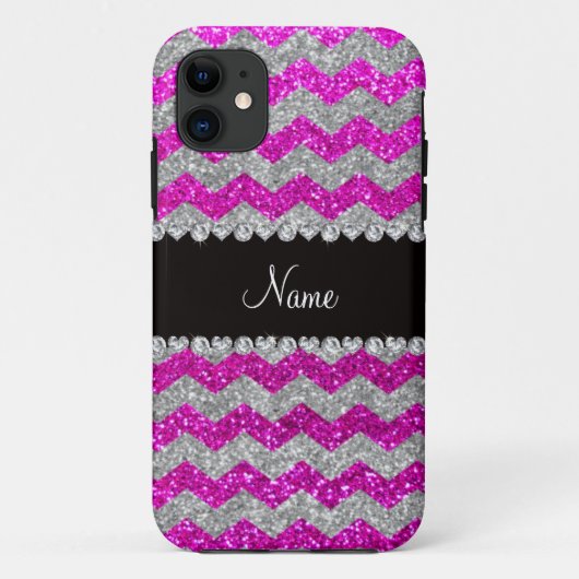 名前をカスタムするのネオンピンクの銀製のグリッターのシェブロン Case-Mate iPhoneケース (裏面)