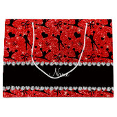 名前をカスタムするのネオン赤いグリッターのチアリーティング ラージペーパーバッグ (正面)