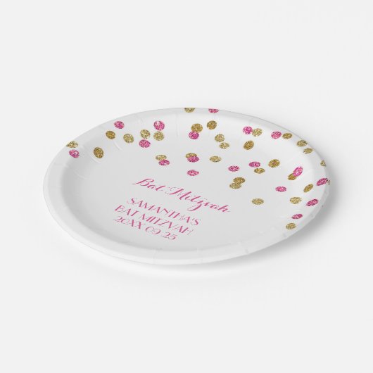 名前をカスタムするのバルミツワーのプレートのピンクの金ゴールドの紙吹雪 ペーパープレート (アングル)