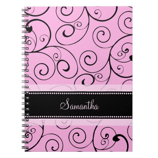 名前をカスタムするのピンクおよび黒い渦巻のノート ノートブック (正面)