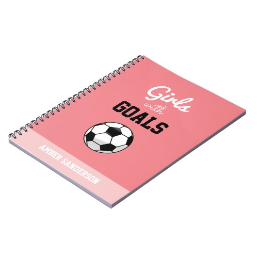 名前をカスタムするのピンクの女の子とゴールのスーパースターサッカー ノートブック (左側)