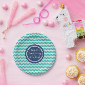 名前をカスタムするのベビーシャワーはティール（緑がかった色）の青シェブロンをめっきします ペーパープレート (パーティー)