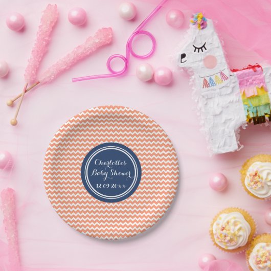 名前をカスタムするのベビーシャワーは珊瑚の青いシェブロンをめっきします ペーパープレート (パーティー)