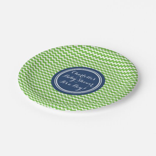 名前をカスタムするのベビーシャワーは青緑のシェブロンをめっきします ペーパープレート (アングル)