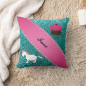名前をカスタムするのユニコーンのカップケーキのターコイズのグリッター クッション (ブランケット)