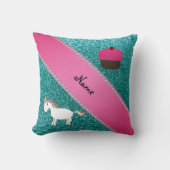 名前をカスタムするのユニコーンのカップケーキのターコイズのグリッター クッション (正面)