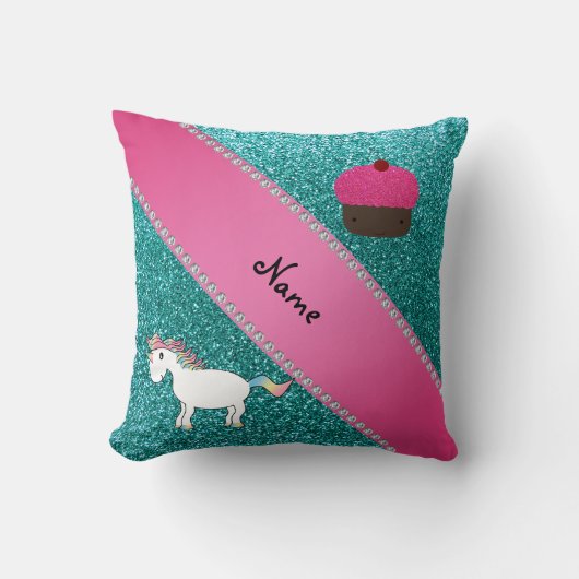 名前をカスタムするのユニコーンのカップケーキのターコイズのグリッター クッション (正面)