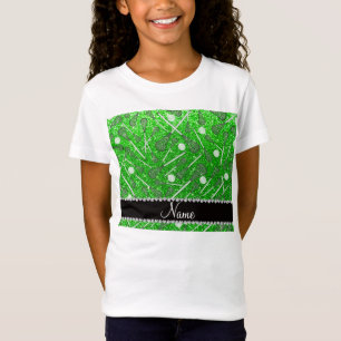 名前をカスタムするのライムグリーンのグリッターのラクロスの棒 Tシャツ
