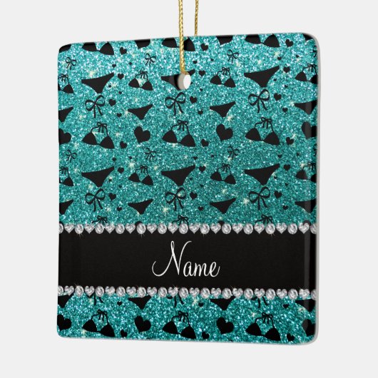 名前をカスタムするのロビン卵の青いグリッターのビキニの弓 セラミックオーナメント (左)
