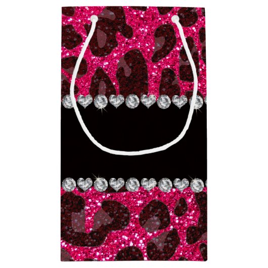 名前をカスタムするのローズピンクのグリッターのヒョウのプリント スモールペーパーバッグ (裏面)