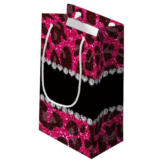 名前をカスタムするのローズピンクのグリッターのヒョウのプリント スモールペーパーバッグ (裏面アングル)