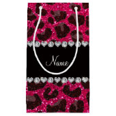 名前をカスタムするのローズピンクのグリッターのヒョウのプリント スモールペーパーバッグ (正面)