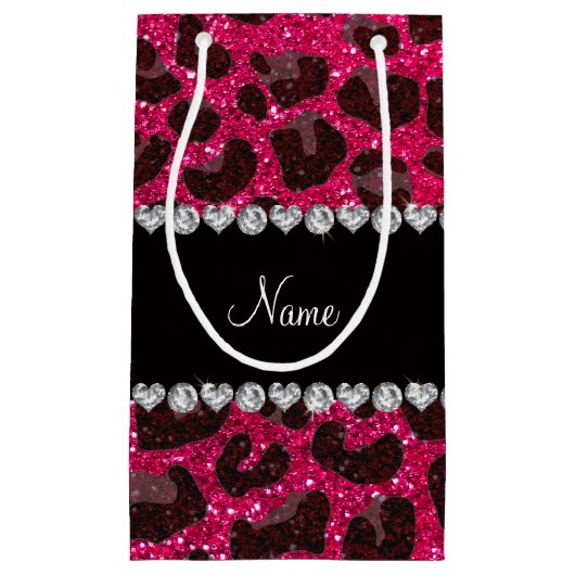 名前をカスタムするのローズピンクのグリッターのヒョウのプリント スモールペーパーバッグ (正面)