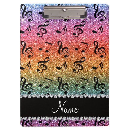 名前をカスタムするの明るい虹のグリッター音楽ノート クリップボード (正面)