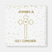 名前をカスタムするの最初聖餐式の金ゴールドの一見の十字 マグネット (正面)