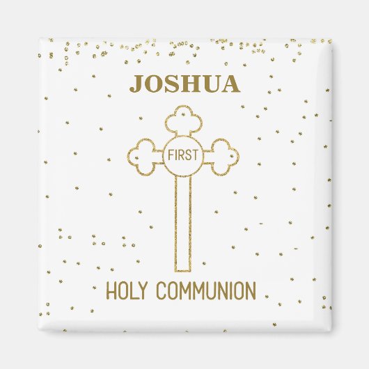 名前をカスタムするの最初聖餐式の金ゴールドの一見の十字 マグネット (正面)