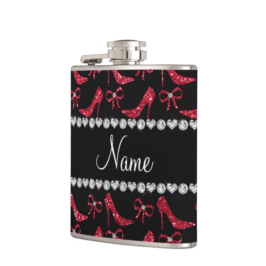 名前をカスタムするの深紅のグリッターのハイヒールの弓 フラスク (左)