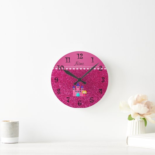 名前をカスタムするの王女の城のネオンショッキングピンクのグリッター ラウンド壁時計 (ホーム)