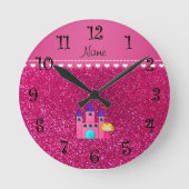 名前をカスタムするの王女の城のネオンショッキングピンクのグリッター ラウンド壁時計 (正面)