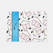 名前をカスタムするの白いアイスホッケー用スティックのパックの網 フリースブランケット (正面(横))