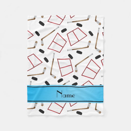名前をカスタムするの白いアイスホッケー用スティックのパックの網 フリースブランケット (正面)