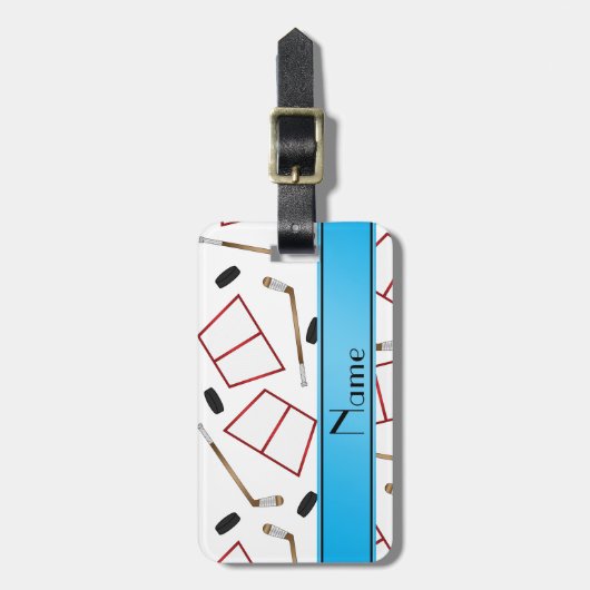 名前をカスタムするの白いアイスホッケー用スティックのパックの網 ラゲッジタグ (正面縦)