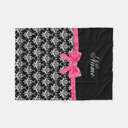 名前をカスタムするの白黒のダマスク織のピンクのグリッターの弓 フリースブランケット (正面(横))