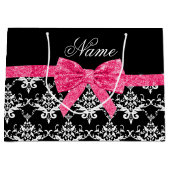 名前をカスタムするの白黒のダマスク織のピンクのグリッターの弓 ラージペーパーバッグ (正面)