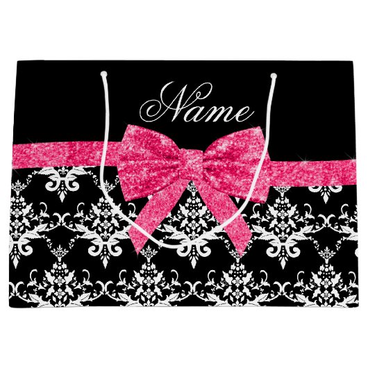 名前をカスタムするの白黒のダマスク織のピンクのグリッターの弓 ラージペーパーバッグ (正面)