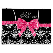 名前をカスタムするの白黒のダマスク織のピンクのグリッターの弓 ラージペーパーバッグ (裏面)