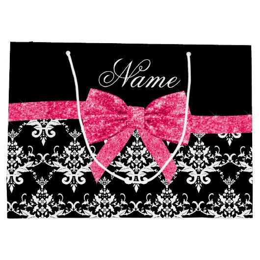 名前をカスタムするの白黒のダマスク織のピンクのグリッターの弓 ラージペーパーバッグ (裏面)
