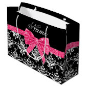 名前をカスタムするの白黒のダマスク織のピンクのグリッターの弓 ラージペーパーバッグ (裏面アングル)