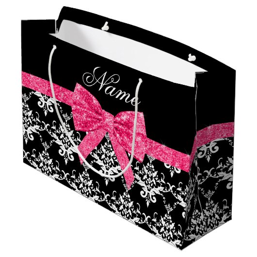 名前をカスタムするの白黒のダマスク織のピンクのグリッターの弓 ラージペーパーバッグ (裏面アングル)